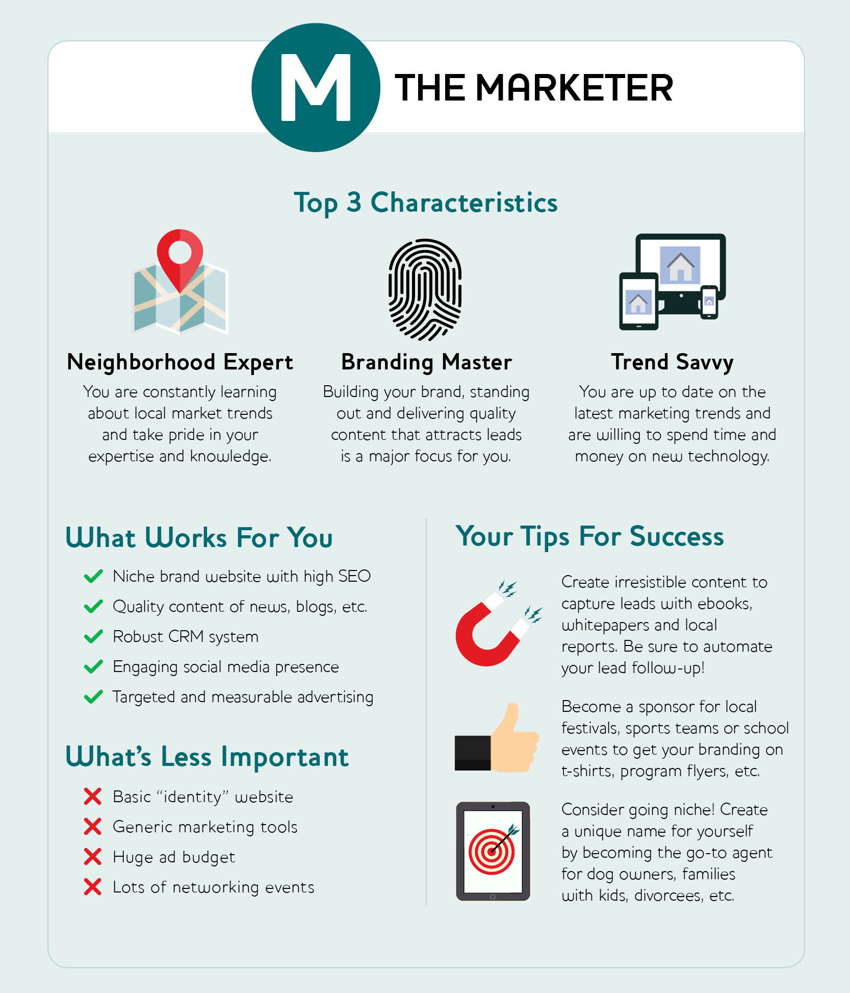 infographic: the marketer -- 3 main characteristics, what works best, tips for success